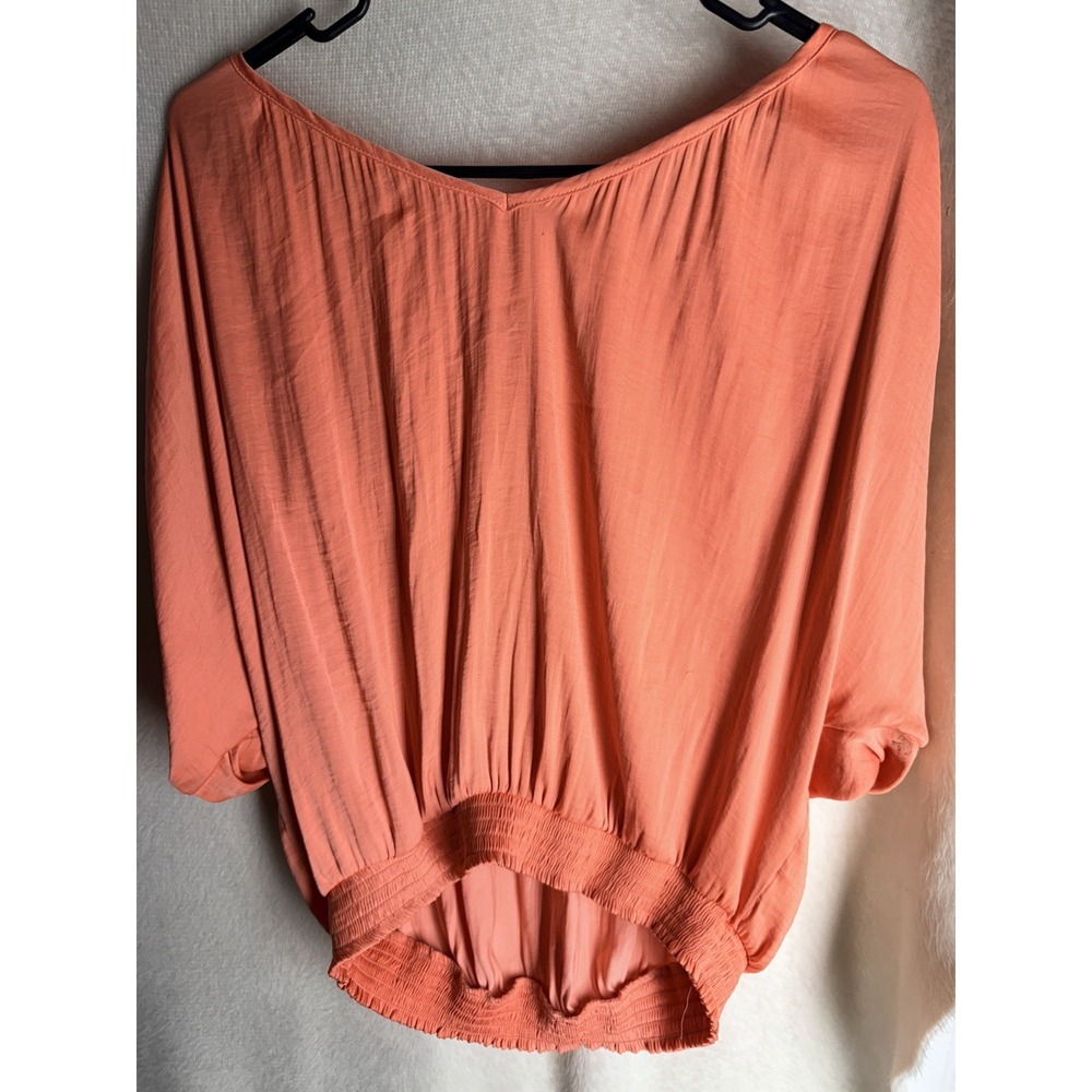 Jennifer Lopez Top M Coral Orange Blouson Blouse Smocked Hem Drawstring Sleeve